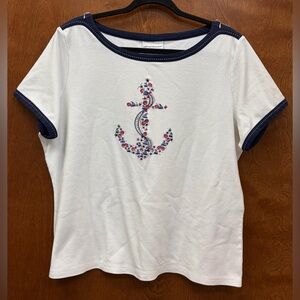 Alfred Dunner Nautical Anchor Blingy Baby T-Shirt Cotton/Poly White Navy Large
